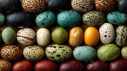 Many mottled and colorful beans are arranged neatly on a textured wooden surface evenly