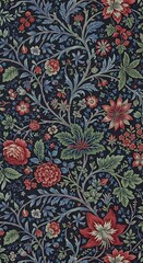 A rich, intricate floral pattern, in shades of red, blue, and green, adorns a dark navy background, creating a visually appealing design.