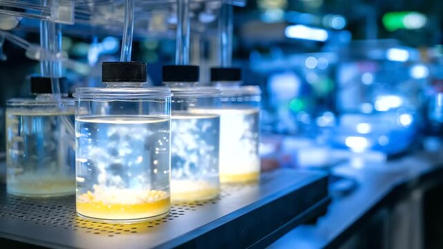 A team grows gene edited yeast in a fermentation suite with bioreactors bubbling pH probes monitoring harvest ports ready and agar plates nearby depicted in a bubbling photo
