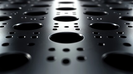 Close up view of a dark patterned surface with circular cutouts and unique textures