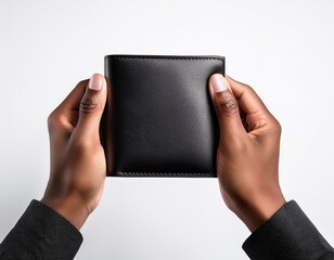 Obraz premium hands holding an empty black leather wallet against a white background