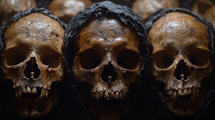 A collection of human skulls surrounded by dark artifacts showcases historical practices