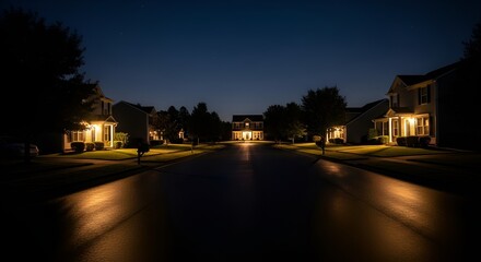 A quiet suburban street at night, illuminated by the warm glow of streetlights and the headlights of a passing car, creating a peaceful and serene atmosphere in the residential neighborhood