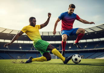Naklejka premium Two players in yellow and red kits engaged in aggressive soccer challenge