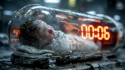 Newborn baby lies peacefully inside a transparent futuristic incubation pod with a glowing display