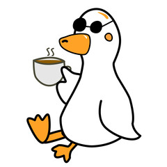 Cartoon Duck Wearing Sunglasses is drinking coffee.Vector illustration
