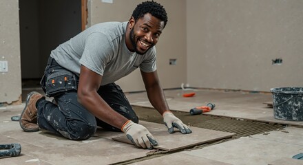 Smiling construction worker laying floor tiles during home renovation. Portrait of a happy African American tiler installing new flooring. Professional craftsman at work.