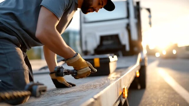 A tow truck driver their gloves thick adjusts a winch its cable taut on a highway shoulder. A vehicle&rsquo;s bumper its surface crumpled tilts on the tow hook. A toolbox its lid