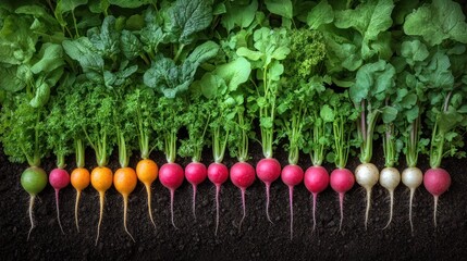 Colorful radishes grow with green leaves in rich soil