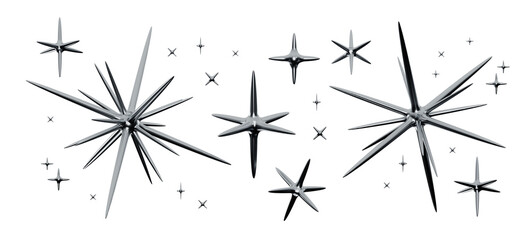 Chrome metallic star elements in Y2K aesthetic. Spiky glossy forms with silver reflections,...
