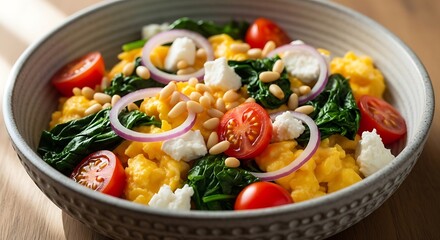 Scrumptious scrambled eggs, topped with fresh spinach, cherry tomatoes, crumbled feta cheese, and pine nuts, presented in a stylish gray bowl.