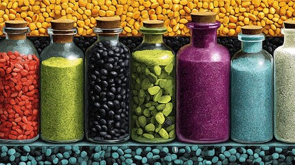 Seven glass jars of various colors are filled with pebbles and sealed with cork