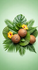 A vibrant arrangement of tropical coconuts, lush leaves, and hibiscus blossoms, showcasing a light mint green backdrop and a summery mood.