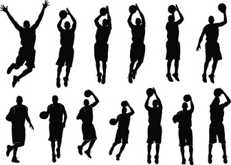 Silhouette collection of basketball players performing jump shots, dribbling, and dunk actions, sports athlete illustration, basketball motion, competitive game, training vector design