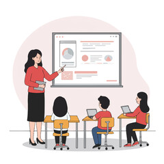 A dynamic female teacher points at an interactive smart board displaying educational content, engaging diverse students sitting at their desks in a bright 2D flat vector illustration.