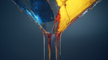 draining. An abstract visualization of a vibrant colorful cocktail glass slowly cracking and draining of its color against a dark background. bar promotions.