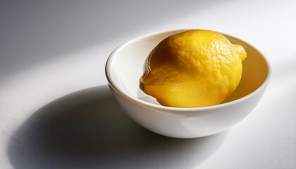 A Single Lemon Sitting In A White Bowl On A White Background With Soft Lighting And Shadows