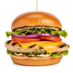Close-up view of a juicy grilled chicken burger with melted cheese, crisp lettuce, sliced tomatoes, and red onion, presented on a plain white background.