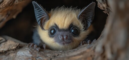 Obraz premium Cute Baby Bat Hanging Upside Down with Curious Eyes
