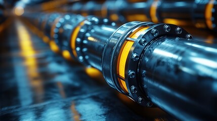 Fototapeta premium Metal pipes with bright yellow accents shine under blue lighting in a factory setting