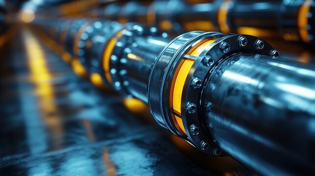 Metal pipes with bright yellow accents shine under blue lighting in a factory setting