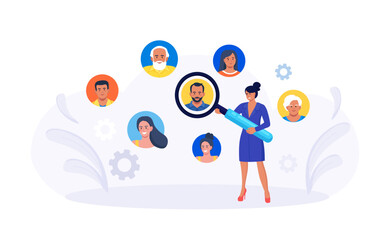 HR manager searching best candidates with magnifying glass. Job recruitment process. Finding new employee. Recruitment, hiring process. Human resources