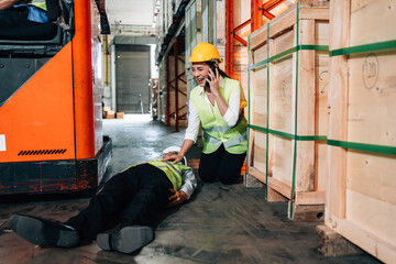 female worker has a shocked expression as she holds a cell phone . man on the ground industrial warehouse aisle with a large orange forklift on the job accident has occurred © BigBlues