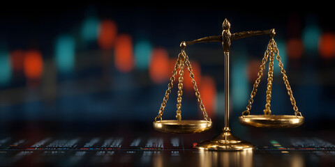 Scales of justice balancing on futuristic digital interface with stock market charts representing financial law and regulation