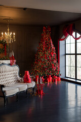 Elegant Christmas Tree with Red Ornaments and Gifts by Window