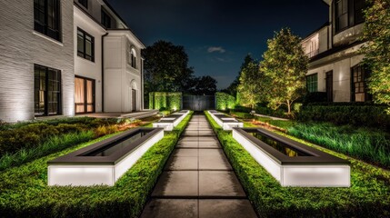 Obraz premium Elegant Nighttime Garden Pathway with Illuminated Flower Beds and Lush Greenery in a Contemporary Residential Landscape