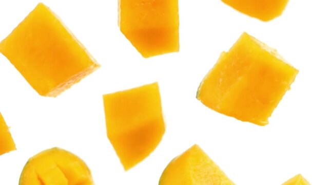 Fresh diced mango pieces isolated on a white background, representing a healthy eating concept and tropical fruit nutrition