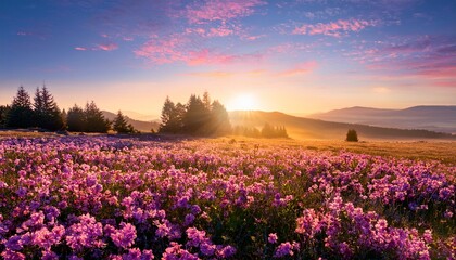 Obraz premium Pink Flowers Field Landscape Floral Meadow At Sunrise