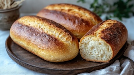 Fototapeta premium Golden brown bread loaves sit elegantly on a wooden platter, inviting warmth and comfort