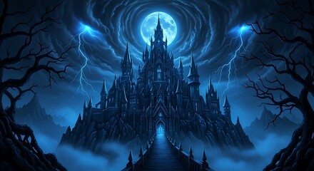 A majestic, dark castle stands atop a misty mountain range under a full moon, illuminated by dramatic lightning flashes.