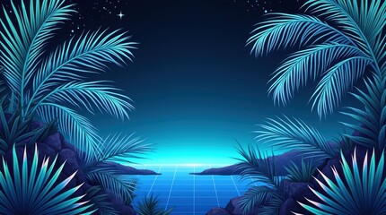 Fondo de neón vibrante con hojas de palmera brillantes, concepto tropical futurista que combina vibraciones de verano con una estética de moda minimalista
