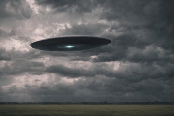 Naklejka premium UFO Hovering Above Open Field Under Storm Clouds