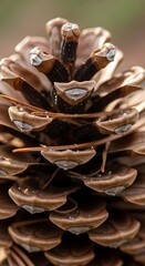A detailed close-up view of a pine cone, showcasing its intricate scales and textures, with subtle variations in brown and light beige tones.