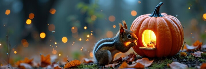 Squirrel gathering nuts by illuminated pumpkin lantern in autumn forest