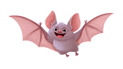 Smiling cartoon bat flying in playful pose isolated on transparent background