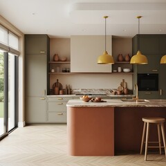 Contemporary open-plan kitchen design featuring a stylish island and warm, earthy tones, perfect for modern living spaces