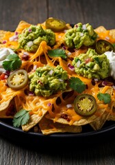 Melted cheese, flavorful guacamole, and toppings cover a plate of nachos, arranged artfully on a dark wooden surface.