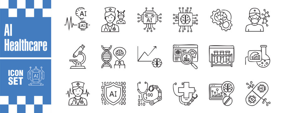 Ai healthcare icon set collection of line style vector icons related to artificial intelligence in medicine and healthcare industry perfect for web design