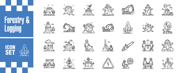 Fototapeta premium Forestry and logging icon set collection of linear vector illustrations of stump, tree, excavator, lumberjack, chainsaw, wood, forest, timber, industry