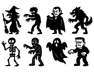 Fototapeta premium A set of Halloween themed silhouettes of various monsters and characters. Scene is spooky and eerie. Vector. Silhouette illustration.