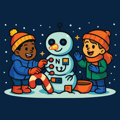 Diverse Children Building a Robot Snowman in a Snowy Night Scene Keywords: children, kids, snowman, building, winter, snow, night, dark blue, orange hats, blue jackets, green scarf, gloves, candy