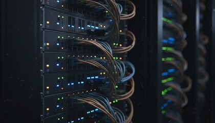 blinking lights and intricate wiring of a server rack in a dimly lit server room. The focus is on the details of the hardware, conveying a sense of power, complexity