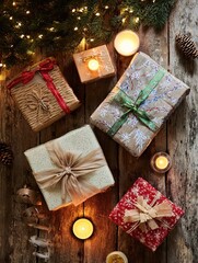 Festive Christmas gift boxes elegantly arranged on a rustic wooden table, with a warm candlelight glow,holiday atmosphere, holiday decor, gift-giving, and seasonal celebrations