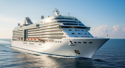Modern Luxury Cruise Ship Sailing on the Open Sea

A majestic, modern luxury cruise ship glides across the calm, blue ocean under a bright sky. The vessel's sleek white design