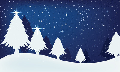 Merry Christmas winter landscape scene with trees and falling snow background