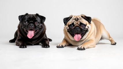 Two panting pug dogs standing side by side on a white background